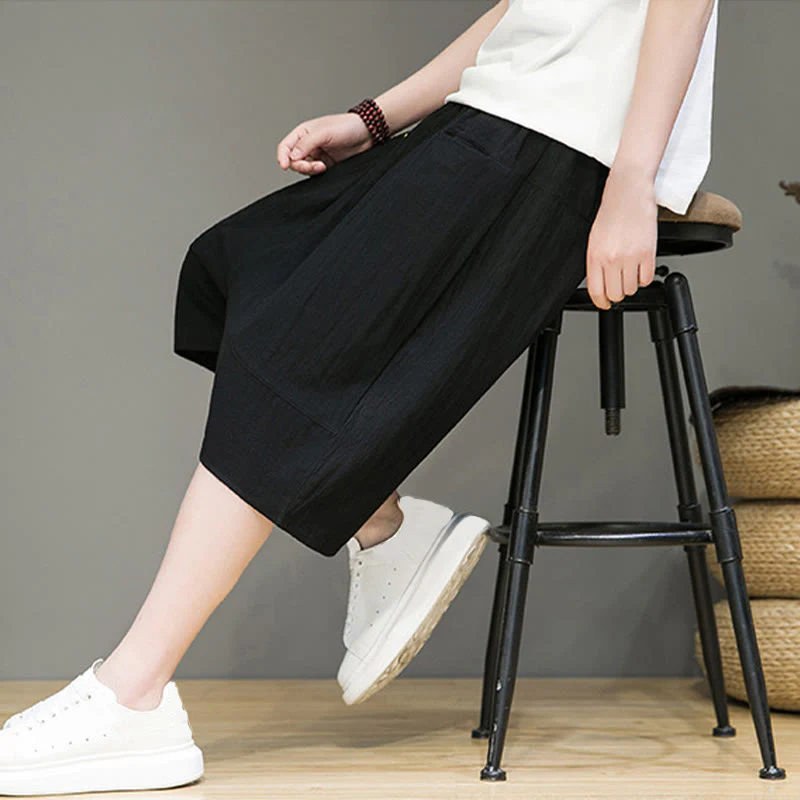 Buddha Stones Casual Drawstring Cotton Linen Men's Capri Harem Pants With Pockets