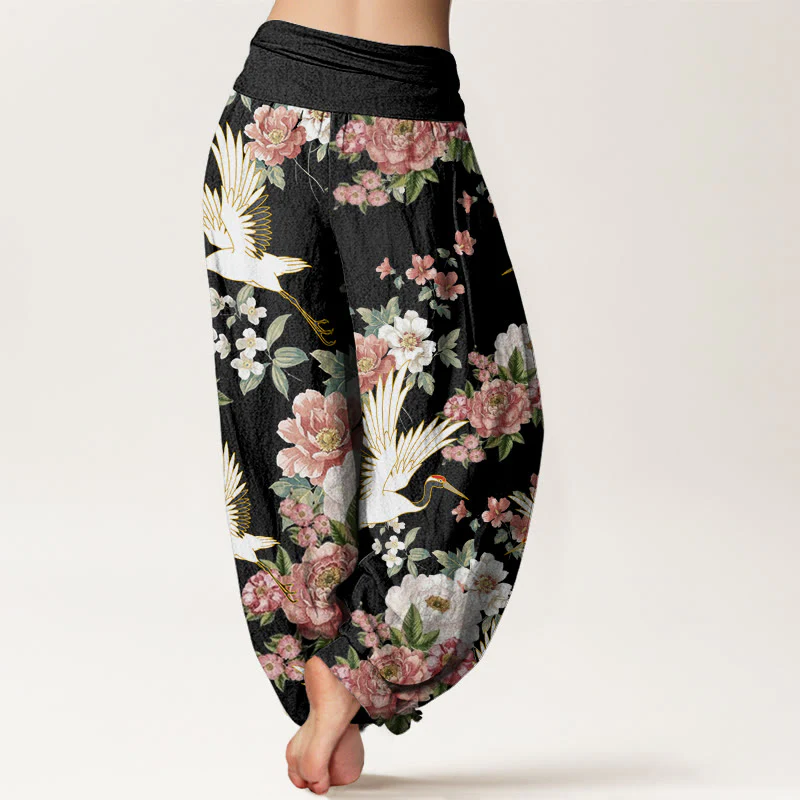 Buddha Stones Casual Cranes Blooming Peony Pattern Women's Elastic Waist Harem Pants