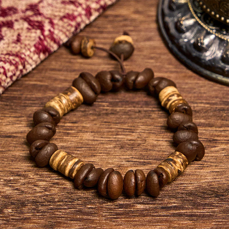 Buddha Stones Handmade Natural Coffee Beans Coconut Shell Happiness Bracelet