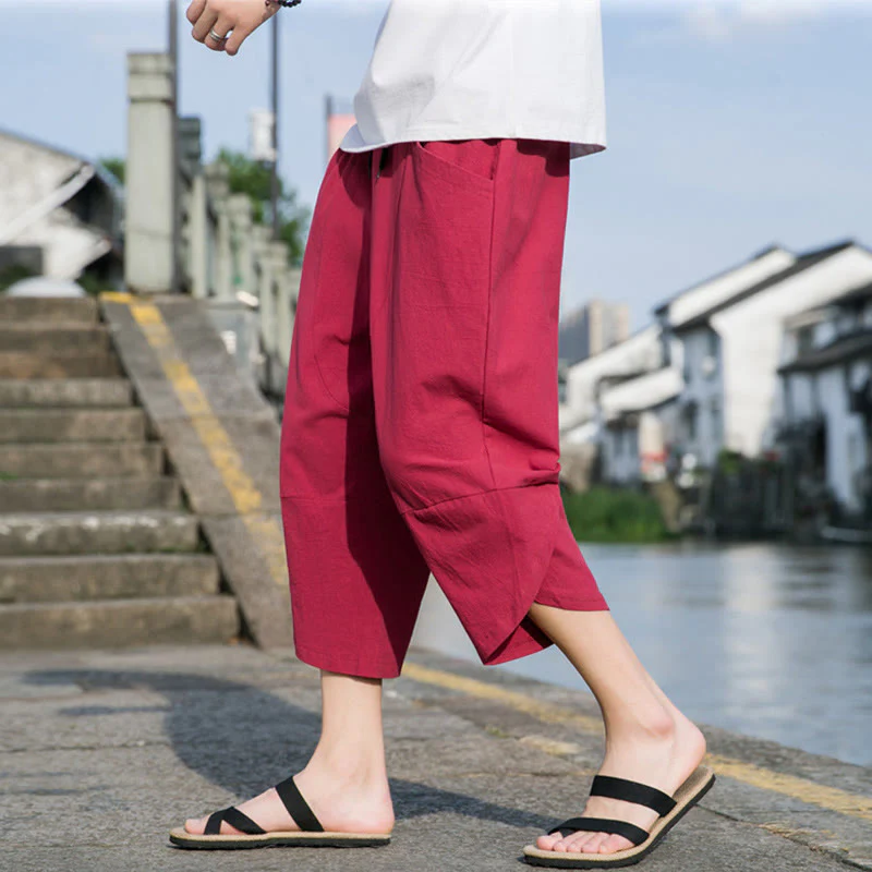 Buddha Stones Summer Casual Simple Plain Tapered Design Drawstring Men's  7-8 Length Cotton Linen Pants With Pockets