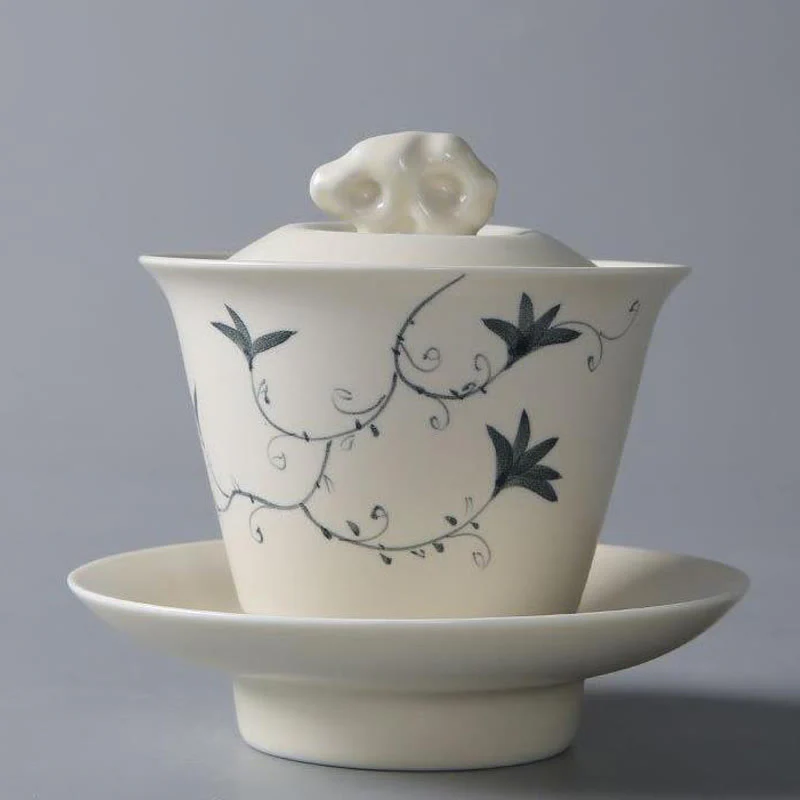 Buddha Stones Hand Painted Pomegranate Hibiscus Pine Lotus Ceramic Gaiwan Sancai Teacup Kung Fu Tea Cup And Saucer With Lid