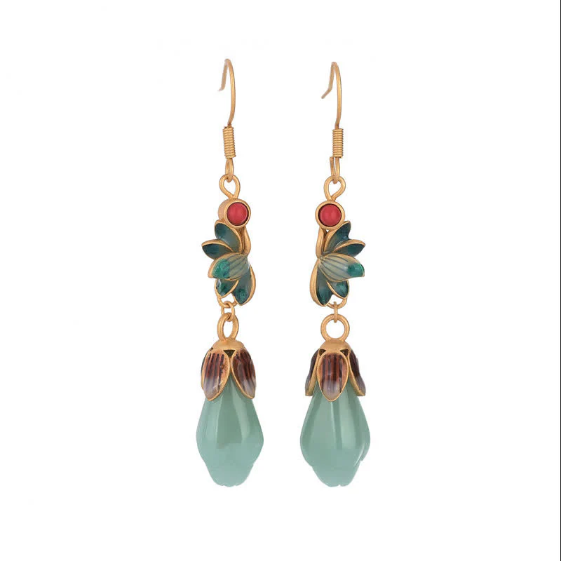Buddha Stones Magnolia Flower Jade Pattern Luck Prosperity Drop Dangle Earrings