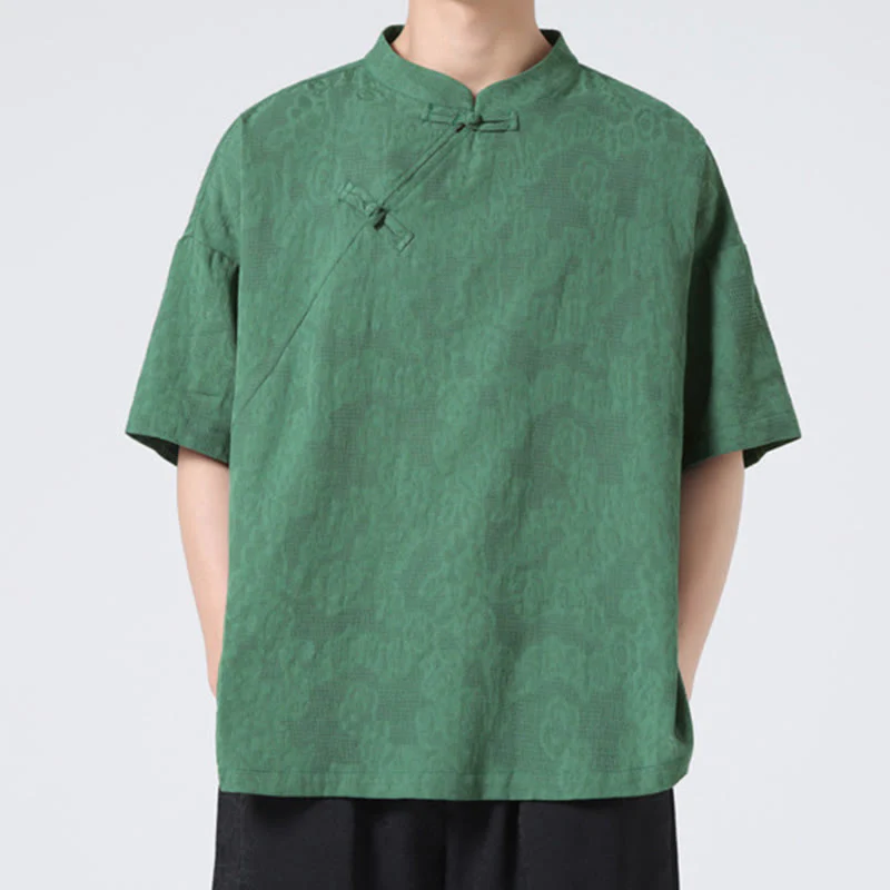 Buddha Stones Retro Pure Color Frog-Button Design Jacquard Flower Pattern Men's Short Sleeve Cotton Linen Shirt