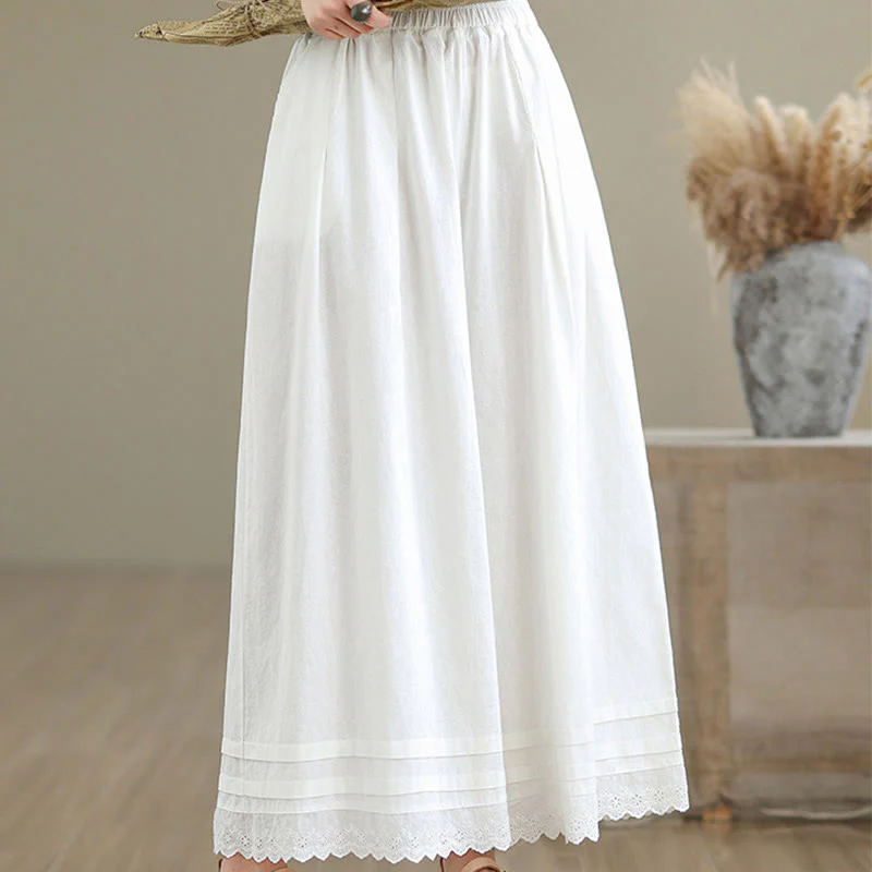 Buddha Stones Commute Simple Lace Design 7-8 Length Women's Wide Leg Cotton Linen Pants With Pockets