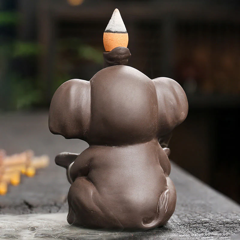 Buddha Stones Little Elephant Holding Leaf Purple Clay Backflow Smoke Fountain Healing Incense Burner Decoration