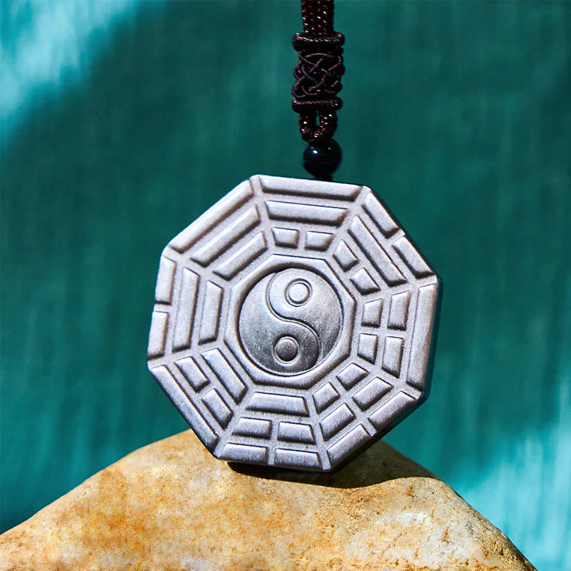 Buddha Stones Silver Sheen Obsidian Bagua Yin Yang Symbol Protection Necklace Pendant