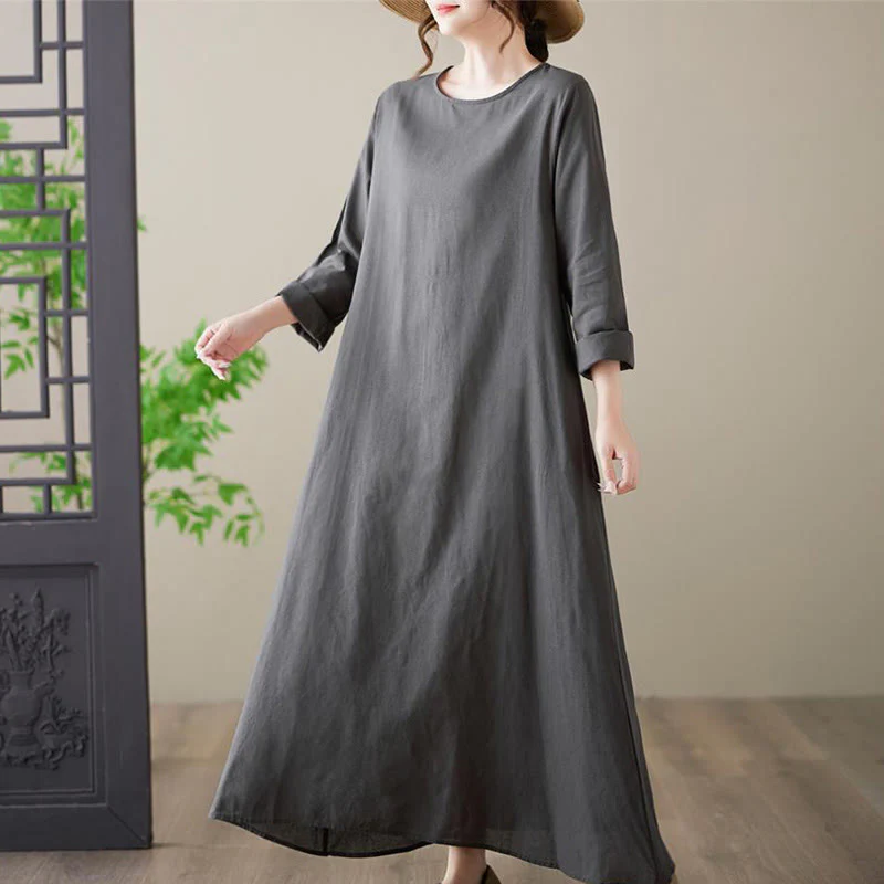 Buddha Stones Casual Plain Crew Neck Cotton Linen Midi Dress With Pockets