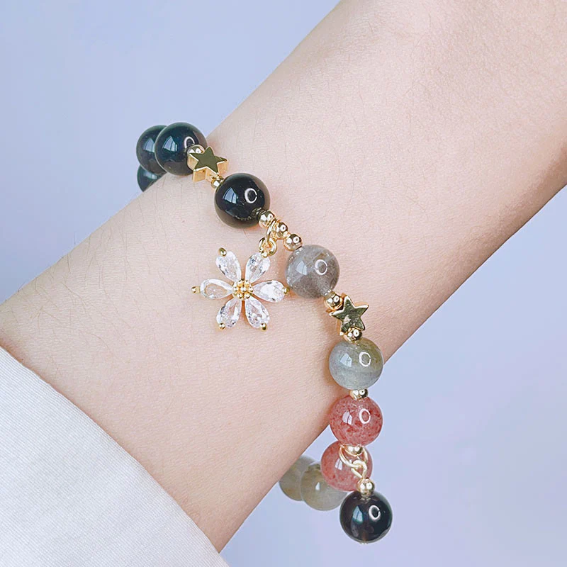 Buddha Stones Natural Silver Sheen Obsidian Love Heart Star Flower Protection Bracelet (Extra 30% Off | USE CODE: FS30)