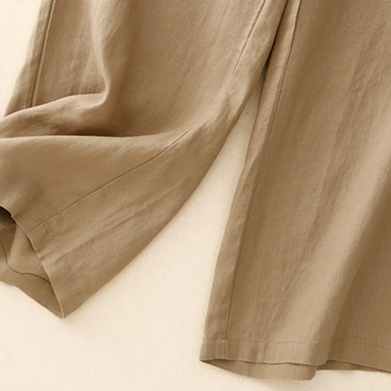 Buddha Stones Wild Plain Cotton Linen Women's Wide Leg Pants With Pockets
