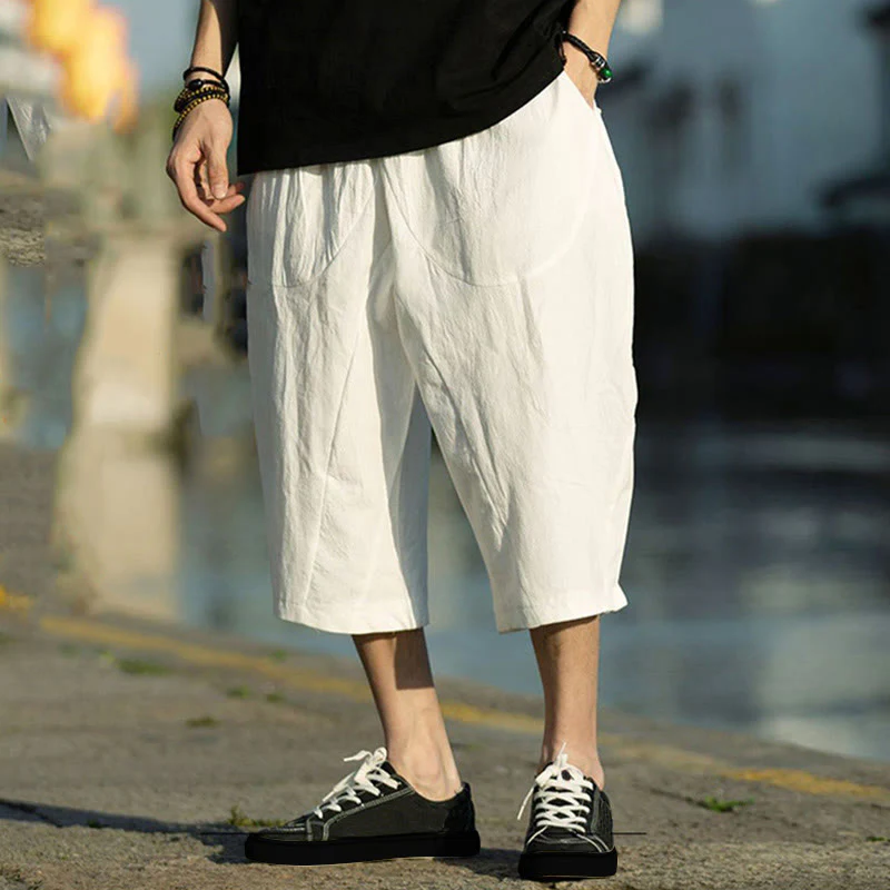 Buddha Stones Summer Plain Pleat Design Drawstring Men's 7-8 Length Cotton Linen Pants With Pockets