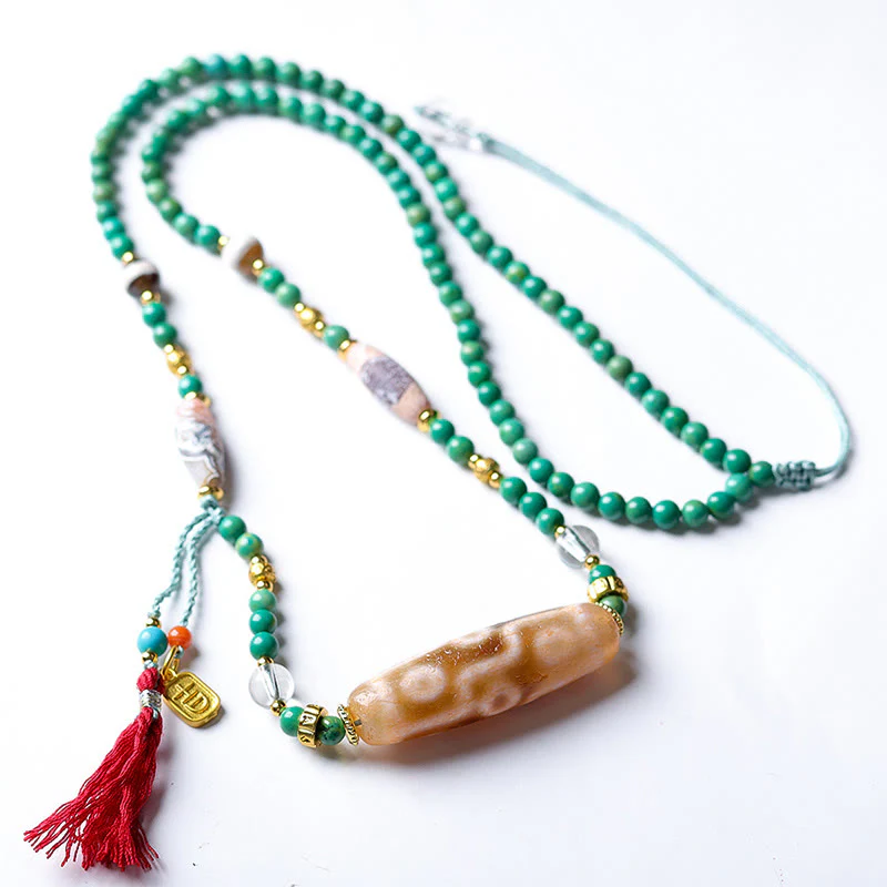 Buddha Stones Tibet Dzi Bead Turquoise Bead Chain Protection Necklace Pendant