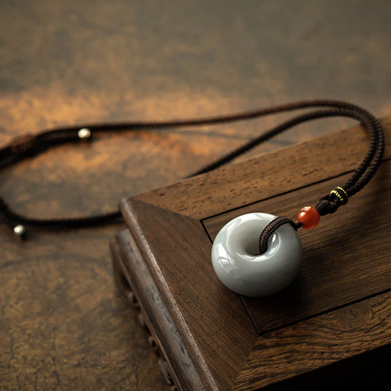 Buddha Stones Natural Round Jade Gray Jade Peace Buckle Luck Necklace Pendant
