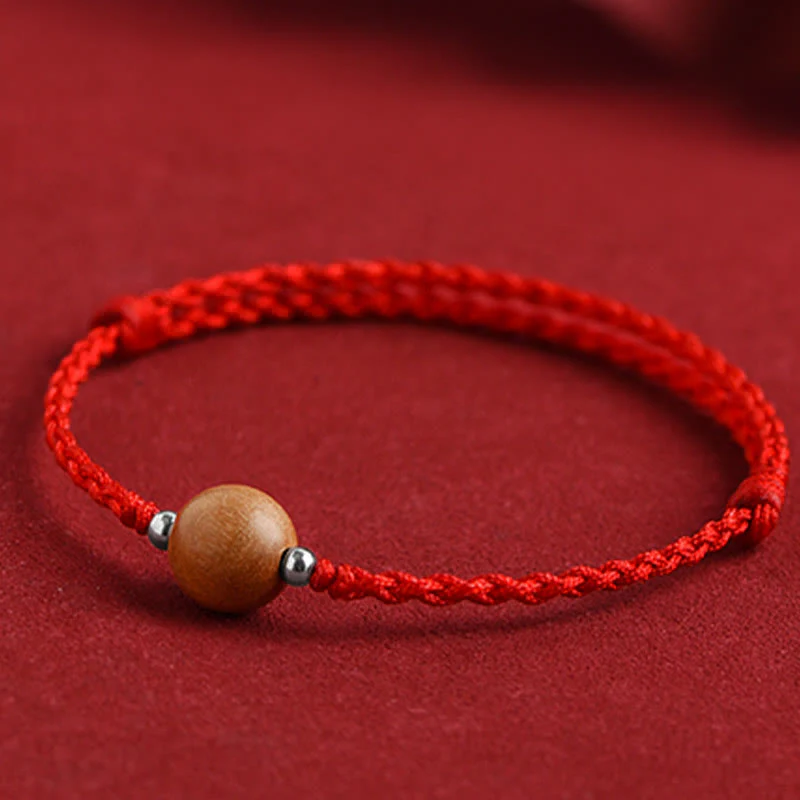 Buddha Stones Natural Peach Wood Bead Luck Braided Bracelet Anklet