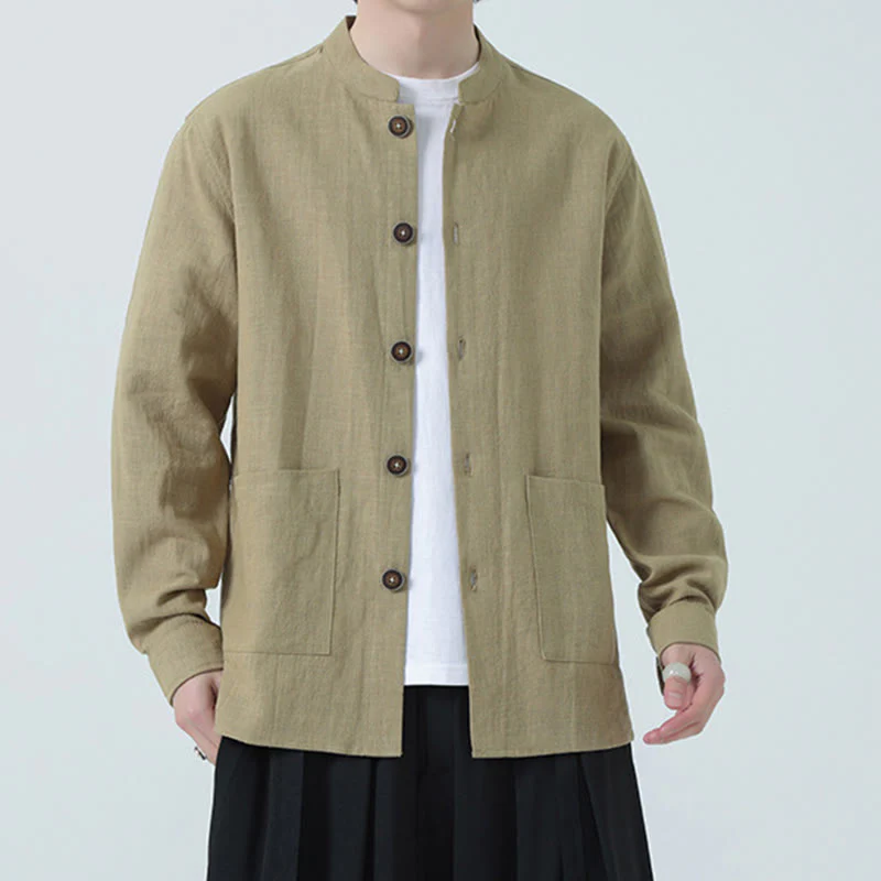 Buddha Stones Men's Button Ramie Linen Cotton Fleece Lined Jacket Shirt With Pockets