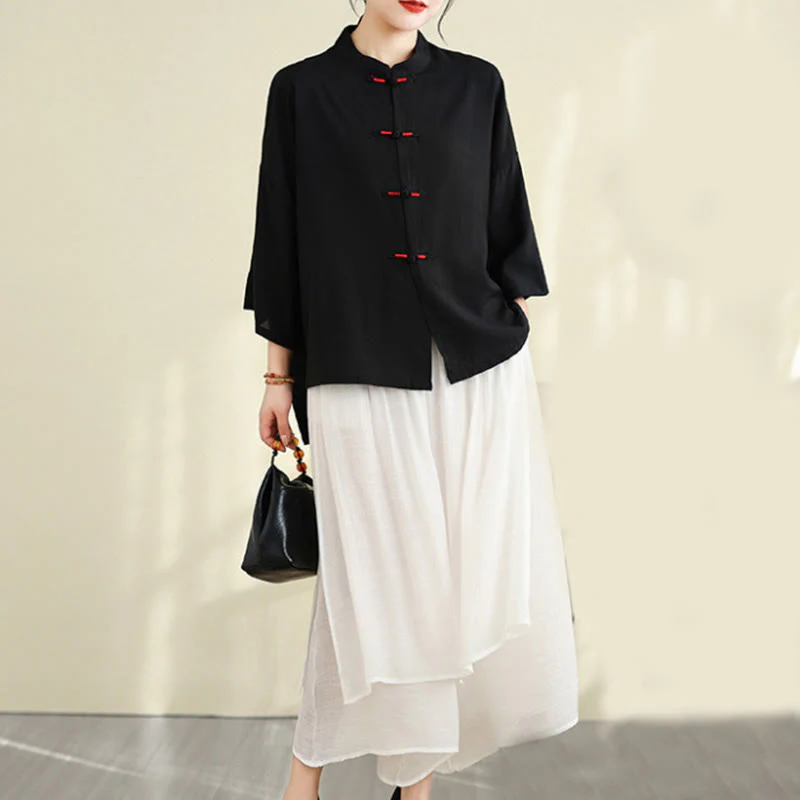 Buddha Stones 2pcs Casual Women's Frog Button Shirt Loose Pants Meditation Clothing Set