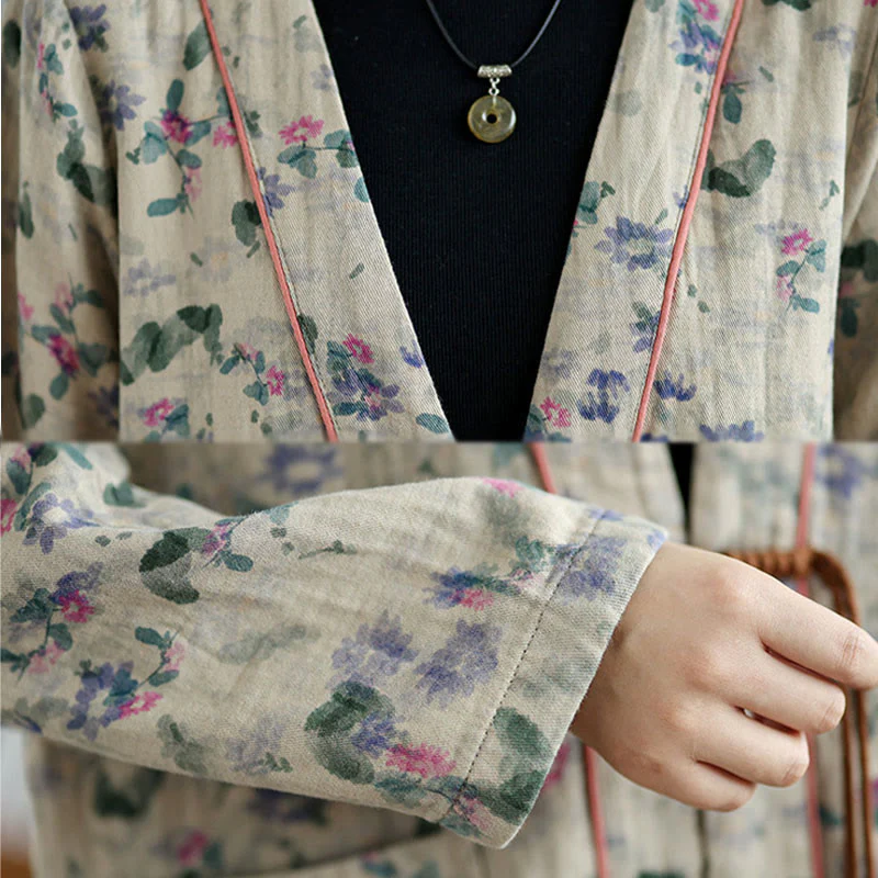 Buddha Stones Printing Floral Frog-Button Open Front Cardigan Cotton Linen Jacket With Pockets