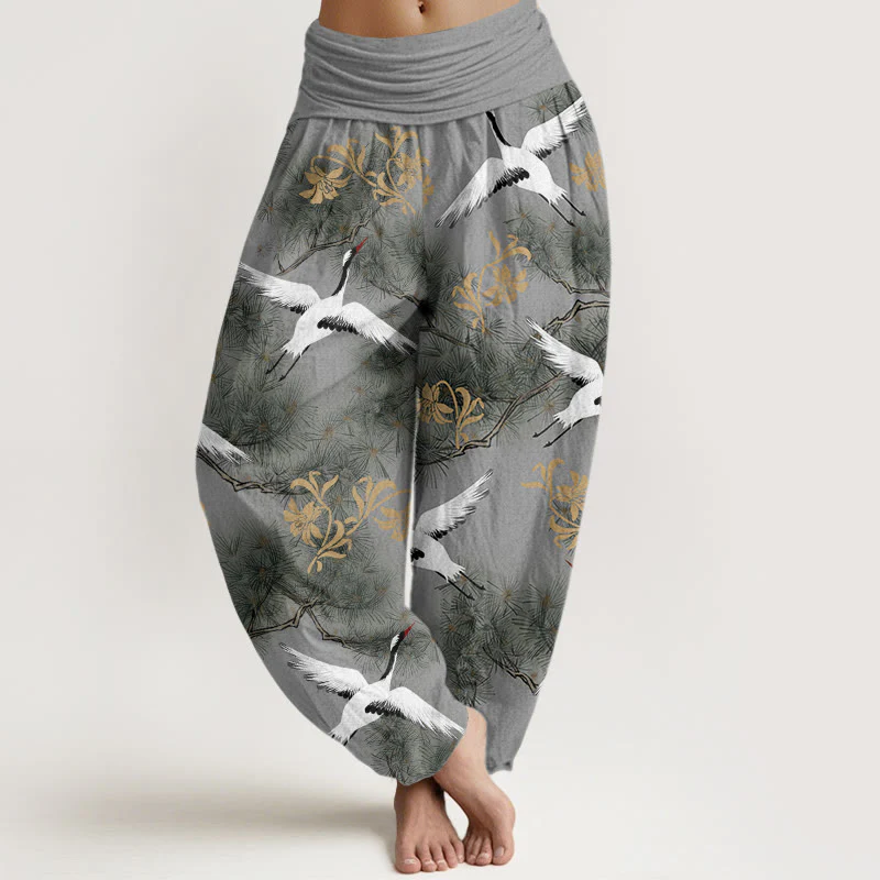 Buddha Stones Casual Red-crowned Crane Pine Tree Pattern Women's Elastic Waist Harem Pants