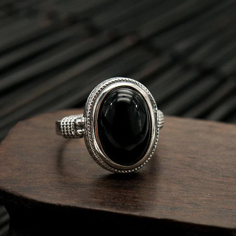 Buddha Stones Natural Black Onyx Adjustable Protection Ring