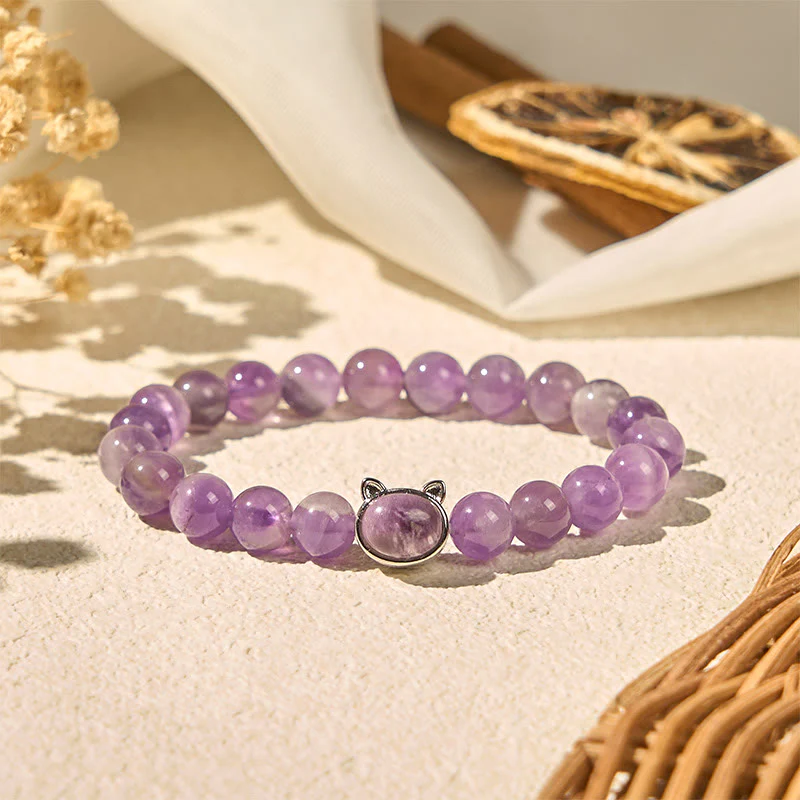 Buddha Stones Cute Cat Face Amethyst Relieves Stress Bracelet