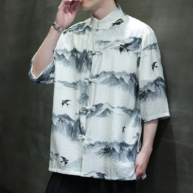 Buddha Stones Ink Painting Mountains Chinese Frog-Button Tang Suit Men's Half Sleeve Cotton Linen Shirt