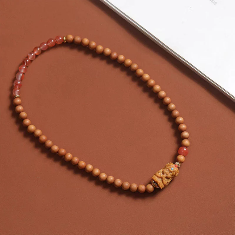 Buddha Stones Tibetan Zakiram Goddess Of  Wealth South Red Agate Sandalwood Fortune Bracelet