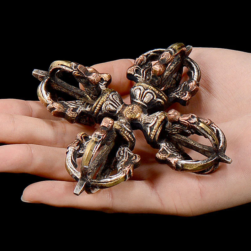 Buddha Stones Tibetan Handmade 5 Prong Double Dorje Copper Iron Thunderbolt Strength Vajra