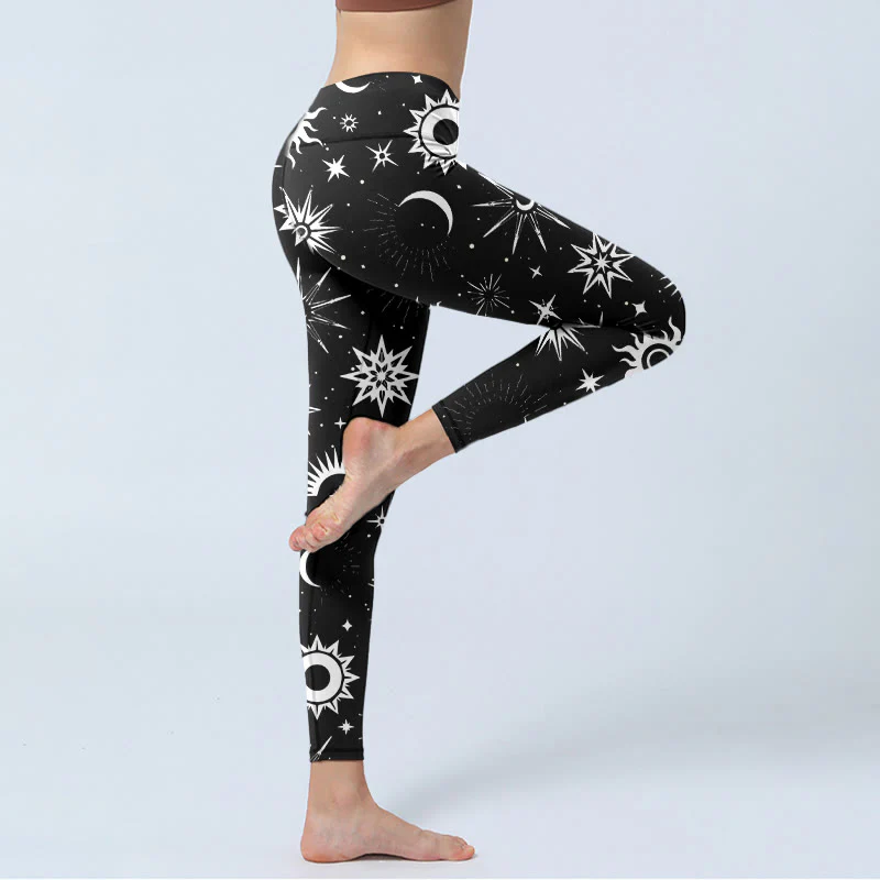 Buddha Stones Sun Moon Star Pattern Print Gym Leggings Women's Yoga Pants