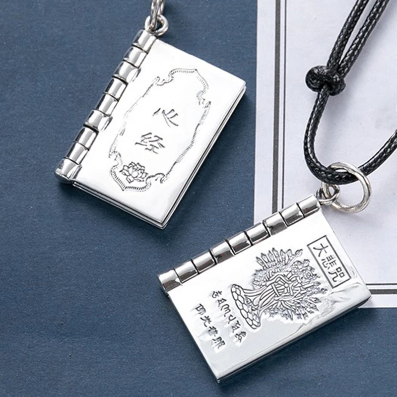 Buddha Stones 990 Sterling Silver Heart Sutra Great Compassion Shurangama Mantra Lotus Vajra Peace Necklace Pendant