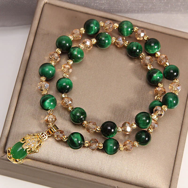 Buddha Stones Tiger Eye Pixiu Fox Money Bag Protection Self Confidence Double Wrap Bracelet