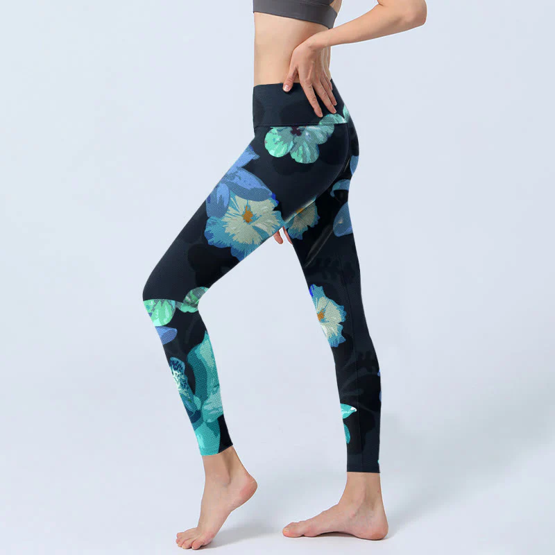 Buddha Stones Green Blue Floral Print Exercise Leggings Women's Yoga Pants