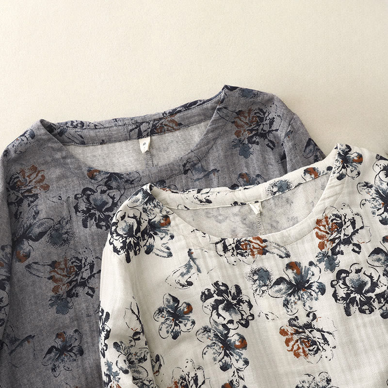 Buddha Stones Casual Small Floral Pattern Crew Neck Cotton Linen Midi Dress With Pockets