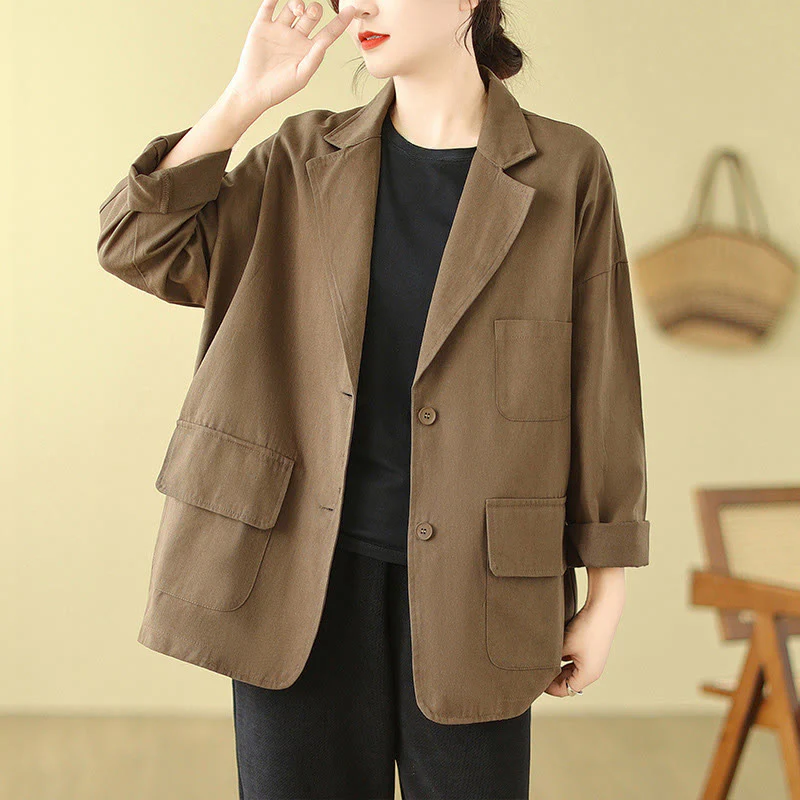 Buddha Stones Plain Women's Cotton Suit Jacket With Pockets