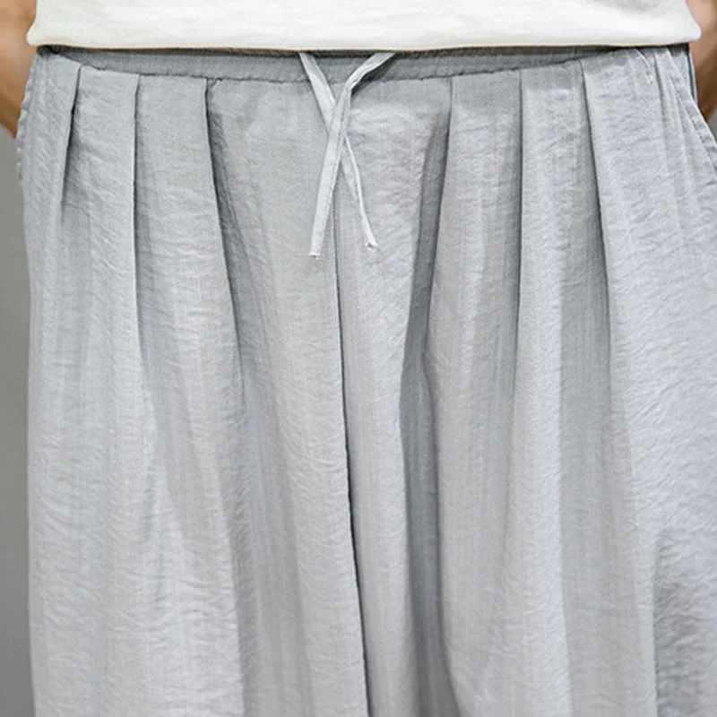 Buddha Stones Summer Plain Drawstring Men's Ankle-Length Cotton Harem Pants With Pockets
