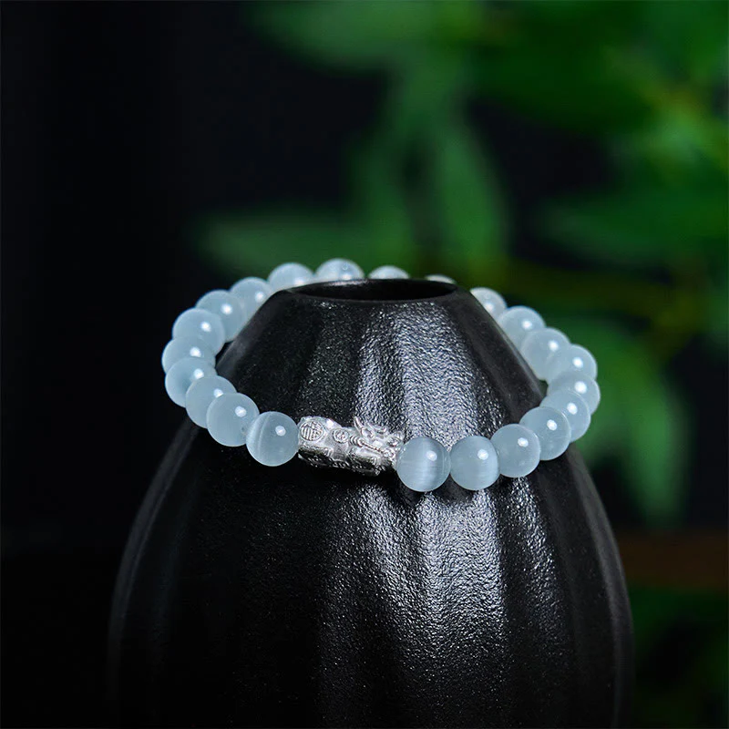 Buddha Stones Natural Cat's Eye Beads 990 Sterling Silver Pixiu Positive Bracelet