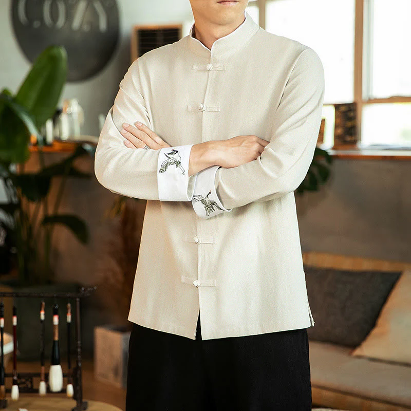 Buddha Stones Tang Suit Frog-Button Crane Embroidery Long Sleeve Cotton Men's Shirt