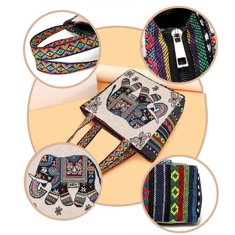 Buddha Stones Elephant Butterfly Embroidered Large Capacity Canvas Tote Bag Shoulder Bag