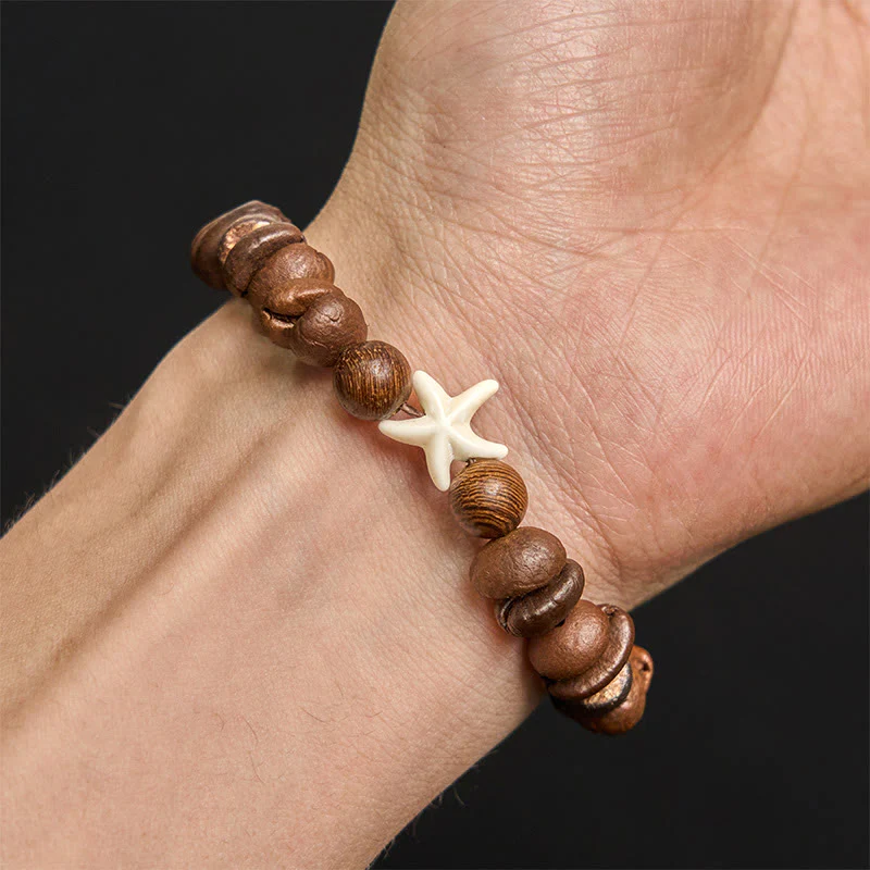 Buddha Stones Handmade Natural Coffee Beans Wood Beads Starfish Bracelet