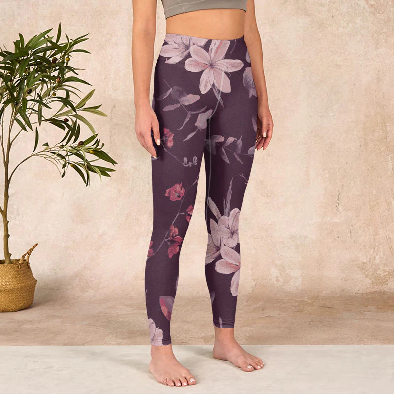 Buddha Stones Purple White Flowers Leaves Blossom Print Gym Fitness Leggings Women's Yoga Pants