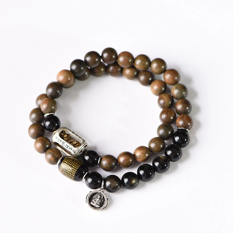 Buddha Stones Tibetan Green Sandalwood Gold Sheen Obsidian Balance Peace Double Wrap Bracelet