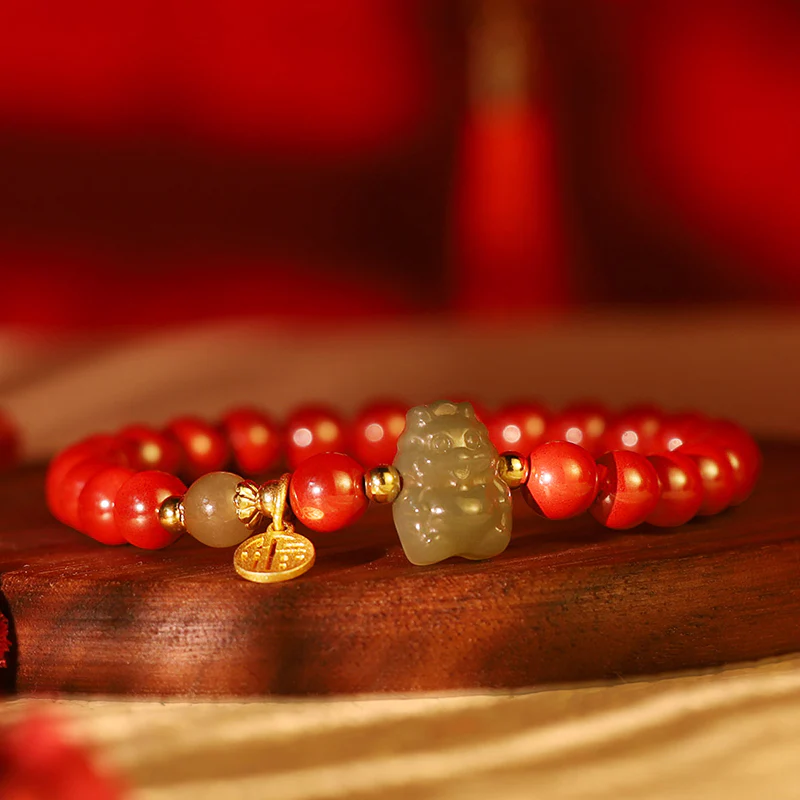 Buddha Stones 925 Sterling Silver Year of the Dragon Natural Cinnabar Hetian Jade Dragon Fu Character Ruyi As One Wishes Charm Blessing Bracelet