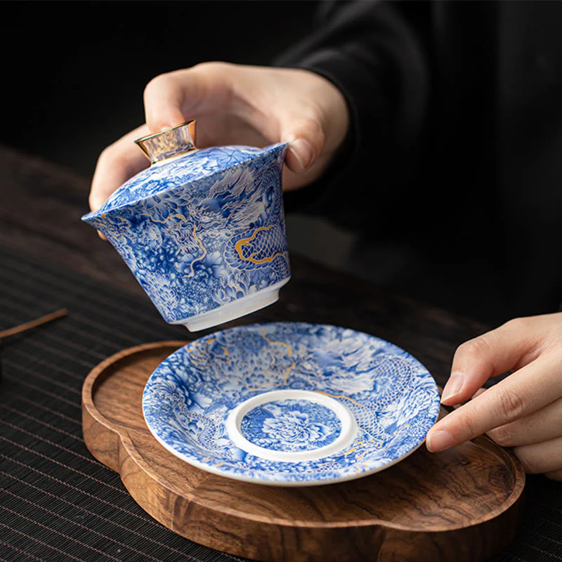 Buddha Stones Thangka Dragon Buddhas Dunhuang Ceramic Gaiwan Sancai Kung Fu Tea Cup And Saucer With Lid Gift Box 180ml
