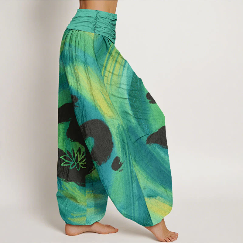 Buddha Stones OM Symbol Lotus Flower Pattern Women's Elastic Waist Harem Pants