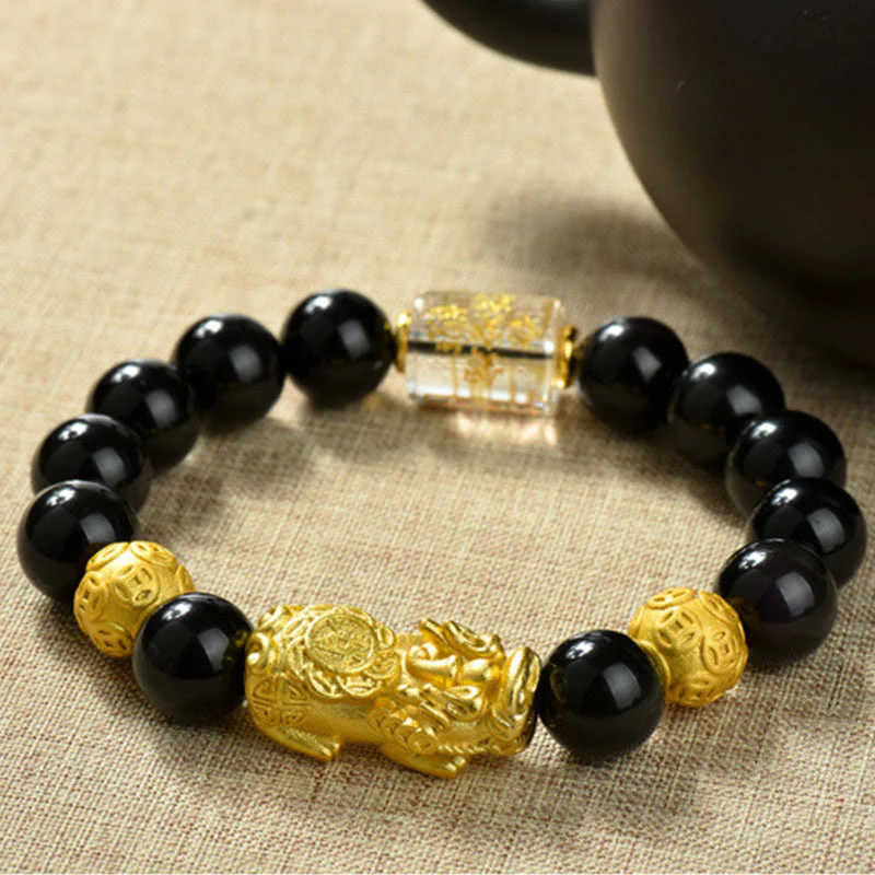 Buddha Stones Fengshui Copper Pixiu Rainbow Obsidian Beads Wealth Bracelet