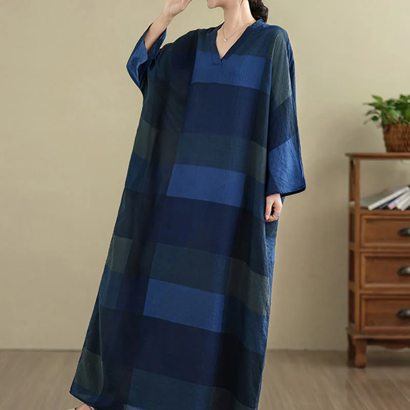 Buddha Stones Spliced Plaid Pattern Cotton Linen Women's Maxi Dress With Pockets