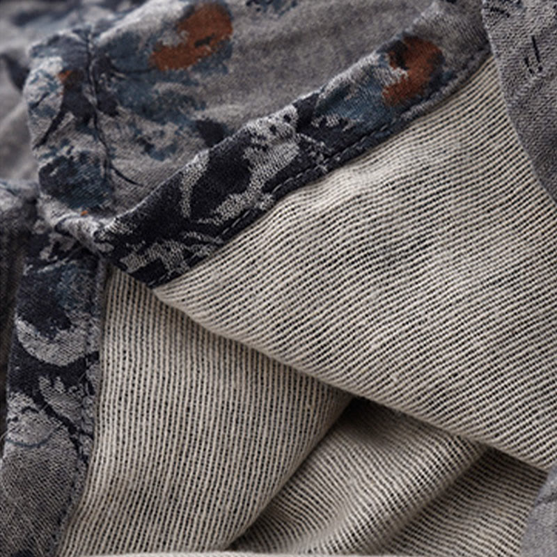 Buddha Stones Casual Small Floral Pattern Crew Neck Cotton Linen Midi Dress With Pockets