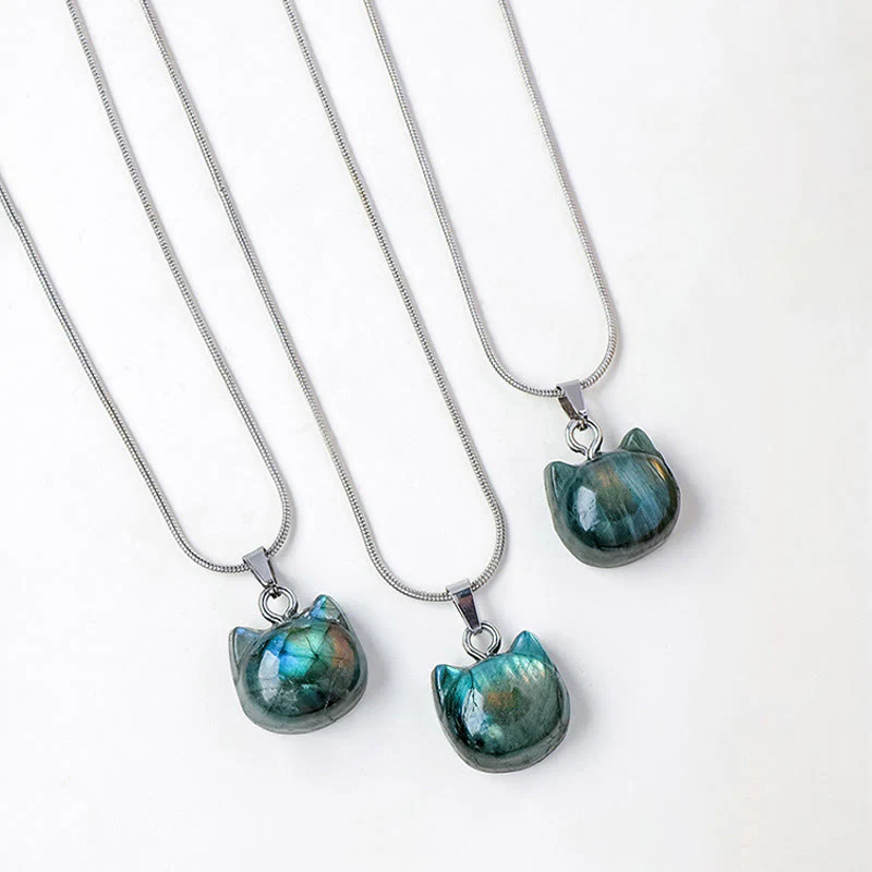 Buddha Stones Natural Cat Pattern Labradorite Healing Necklace Pendant