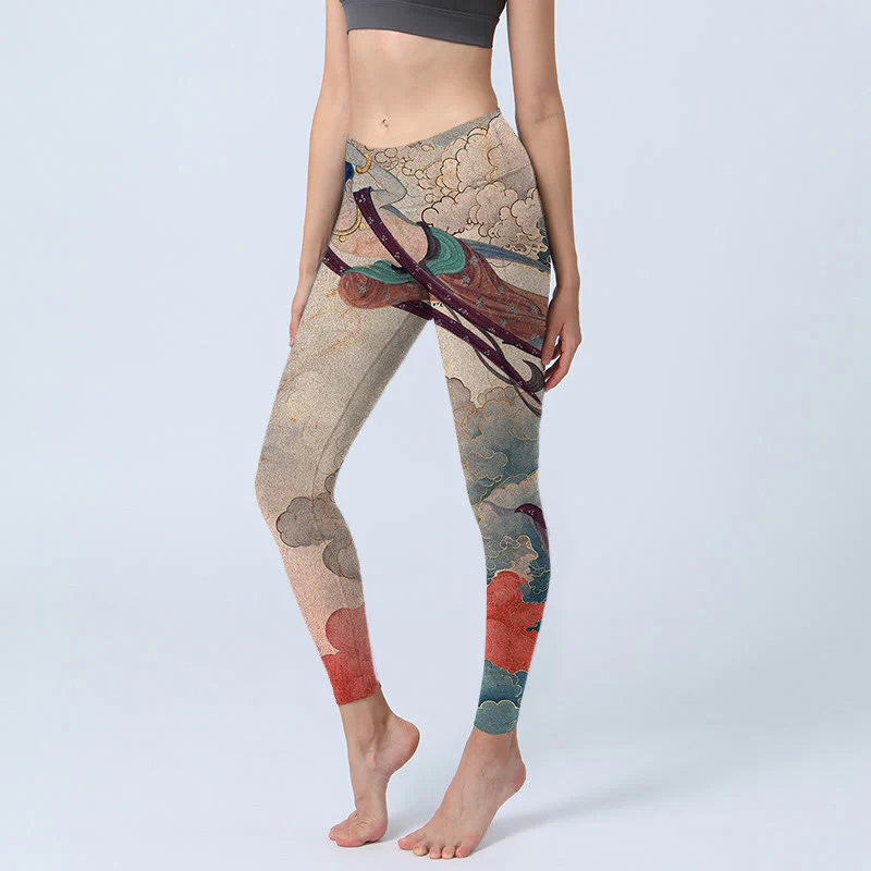 Buddha Stones Dunhuang Flying Apsaras Auspicious Clouds Print Fitness Leggings Women's Yoga Pants