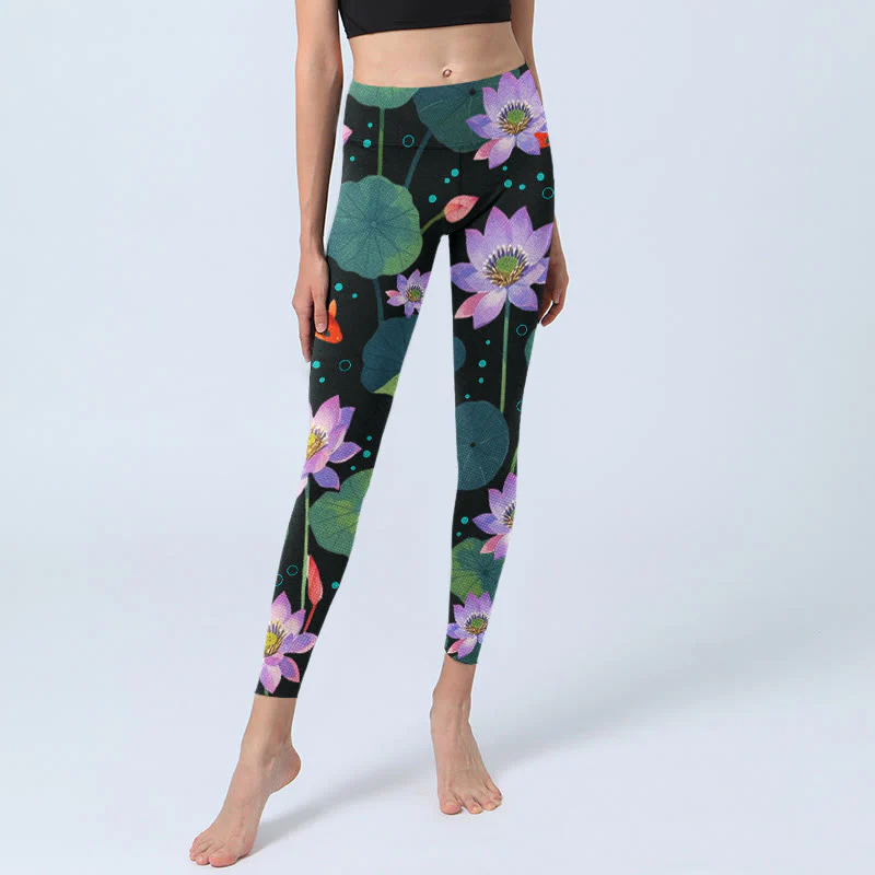 Buddha Stones Blooming Light Purple Lotus Flower Lotus Leaves Koi Fish Pattern Print Gym Leggings Women's Yoga Pants