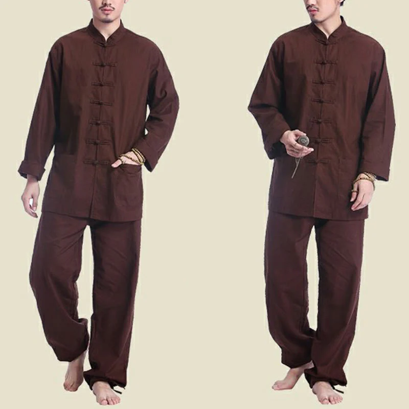 Buddha Stones Chinese Frog Button Design Meditation Prayer Cotton Linen Spiritual Zen Practice Yoga Clothing Men's Set