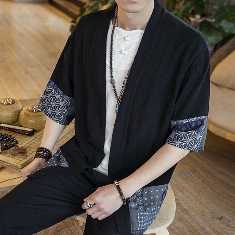 Buddha Stones Ethnic Printing Patchwork Design Open Front Jacket Cotton Linen Men's Kimono